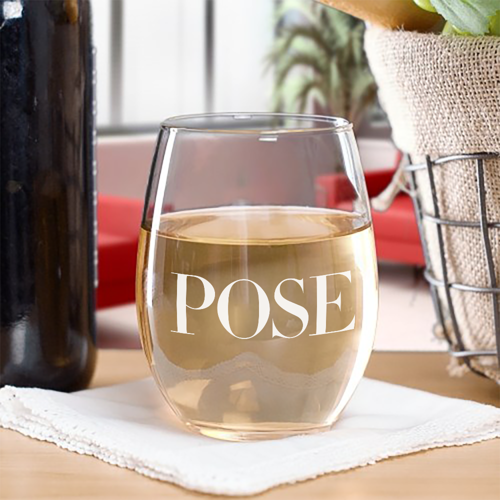 POSE Black & White Logo Laser Engraved Stemless Wine Glass